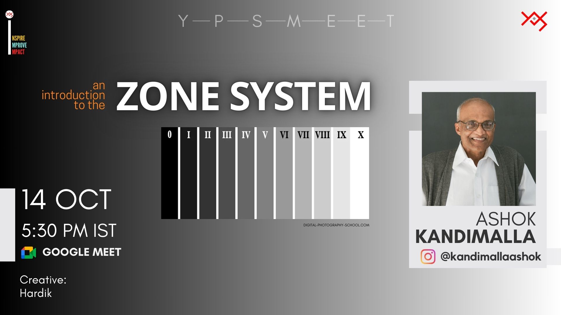 YPS Saturday Meet - An introduction to the Zone System by Mr Ashok Kandimalla on 14 Oct on Google Meet at 5-30 PM IST